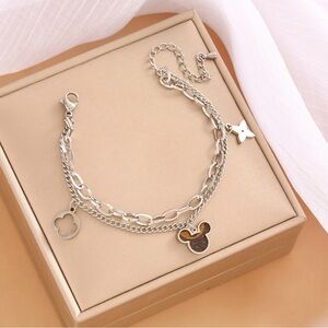 Mickey Charm Stainless Steel Multi Strand Bracelet Hand Chain 7” Silver Tone